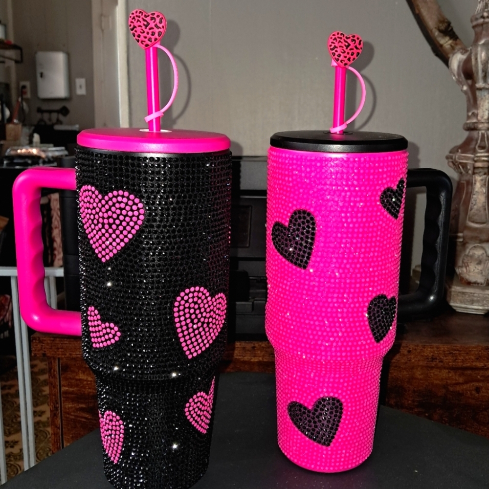 New! Stainless hear rhinestone 40 ounce tumbler with lid/straw/straw topper